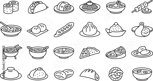 Collection of 20 diverse food icons in black outline style on white illustration