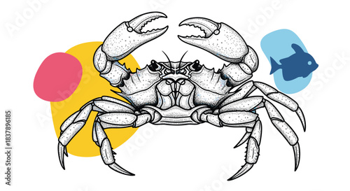 A highly detailed dotwork illustration of a crab with its claws raised set against a background of abstract colorful shapes and a fish silhouette.