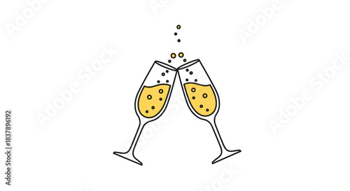 A minimalist line art illustration of two champagne glasses clinking in a toast with golden bubbles perfect for a celebration or party invitation.