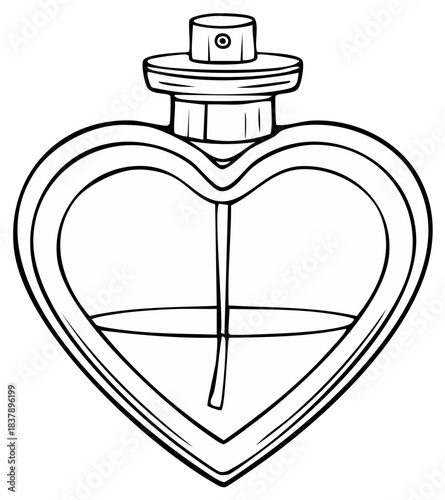 Stylized heart-shaped perfume bottle line art drawing, romantic fragrance concept illustration.
