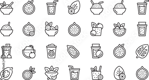 Collection of 20 minimalist line art icons of fruits drinks and food items vector