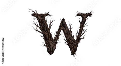 A decorative capital letter W made from intertwined dark brown tree branches creating a spooky or enchanted forest-themed alphabet font.