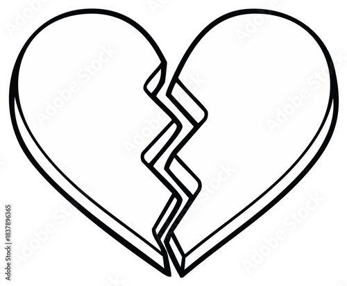 Black and white illustration of a broken heart with a jagged crack down the middle