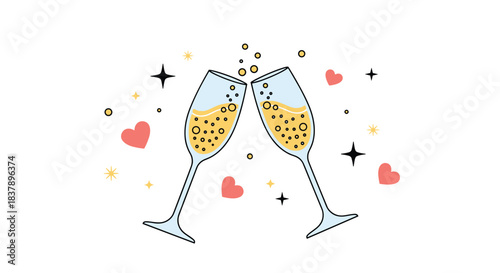 A cute and romantic illustration of two champagne glasses toasting surrounded by floating hearts and sparkles perfect for a wedding or valentine.