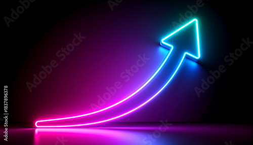 Glowing neon arrow in aqua and violet colors curves upward smoothly on dark background, symbolizing bold growth and progress
