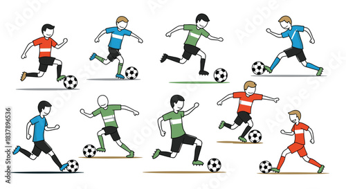 A dynamic collection of cartoon soccer players in various action poses running and kicking the ball while wearing different colored jerseys.