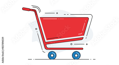 A simple and modern illustration of a red shopping cart with blue wheels and motion lines suggesting speed and online e-commerce checkout.