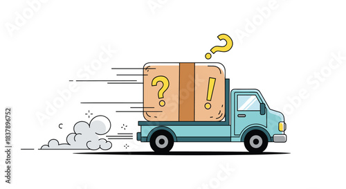 A cartoon delivery truck speeding to deliver a large mystery box with question and exclamation marks symbolizing fast and surprising shipping.