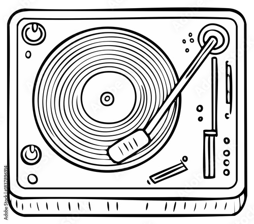 Hand drawn illustration of a vinyl record player with tone arm and spinning record