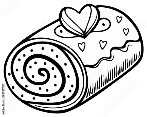 Doodle Swiss Roll with Heart Decoration for Valentine's Day Coloring Page