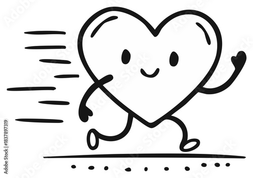Cartoon heart character running and smiling with motion lines