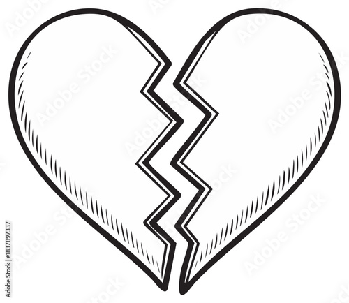 Black and white doodle of a broken heart icon symbolizing sadness, heartbreak and loss