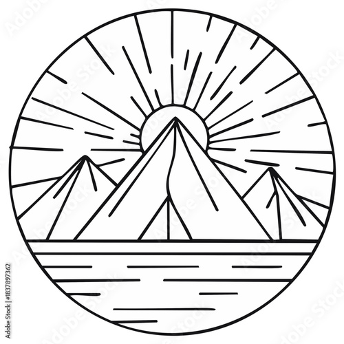 Circular mountain landscape with rising sun over water minimalist outline illustration