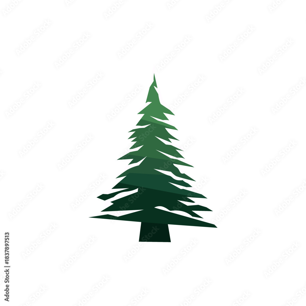 Obraz premium A simple, stylized green pine tree illustration with layered branches on a white background, representing nature and forests.