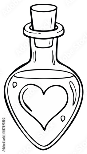 Glass love potion bottle with a cork stopper, illustration of heart shape