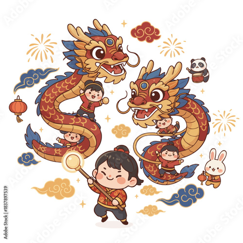 Playful red dragon dance. Lunar New Year joy. Little dragon tamers, dancers. Chasing pearl, festive parade of luck. Asian dragons, kids, clouds. Magical dragon parade