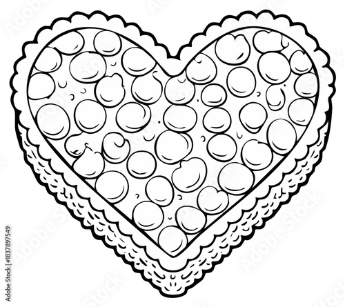 Hand drawn heart shaped cookie with round candy toppings and decorative crust