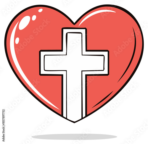Red Heart with White Christian Cross Symbol