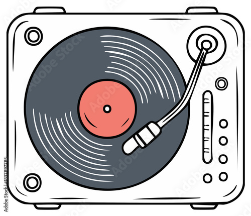Illustration of a vintage turntable with a vinyl record spinning and a stylus