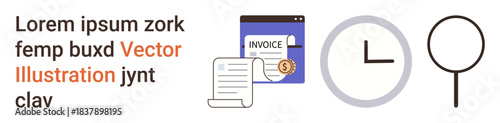 Financial management, business analysis, time tracking, billing systems, payment processing, document review. Features invoice document, clock and magnifying glass. Financial management and time