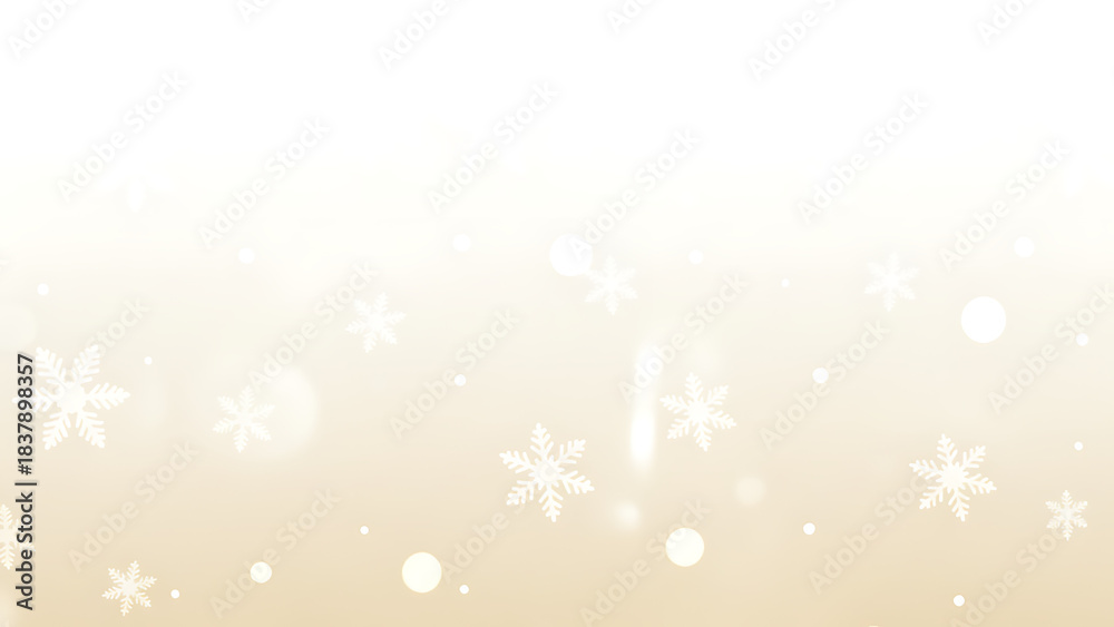 Fototapeta premium Minimalist Christmas background in soft white and gold tones, abstract snowflakes floating gently