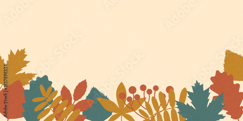 Autumn background with copy space. Frame from yellow, red and orange leaves and berries. Flat style nature background for sales, thanksgiving day banner, card. Minimalist foliage