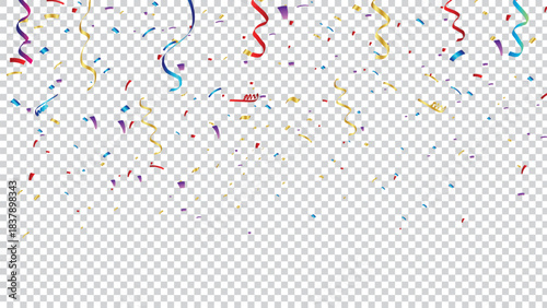 Colorful confetti and streamers falling from top border, festive celebration background isolated on white