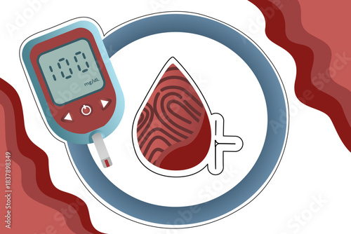 Illustration of Blood Glucose Testing with Fingerprint and Drop of Blood for Medical Education and World Diabetes Day Awareness
