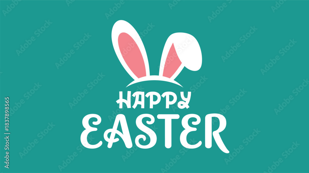 Obraz premium Cute cartoon bunny ears and Happy Easter typography on a vibrant teal background for springtime holiday greeting card design