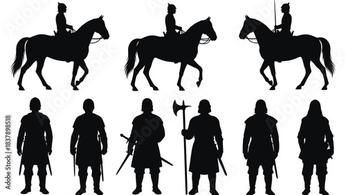 Silhouette medieval knights warriors horses vector illustration