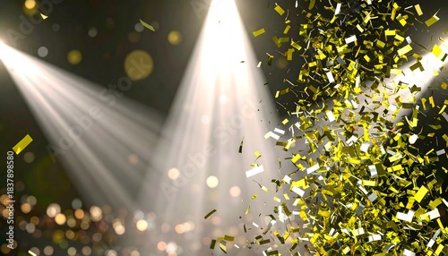 Confeti dorado cayendo bajo focos de luz en ambiente de celebración nocturna