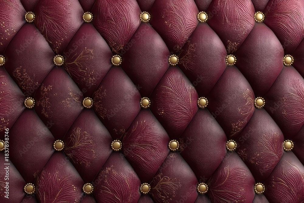 Naklejka premium Luxurious burgundy diamond quilted velvet with gold studs for upholstery and décor photography