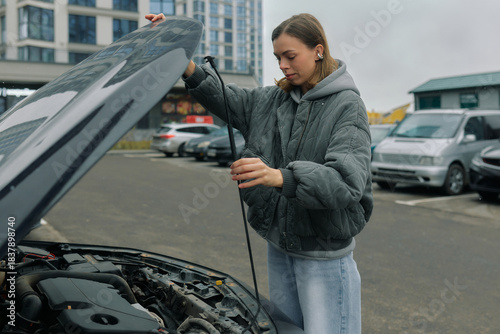 Woman inspecting the engine of a car in a parking lot on a cloudy day