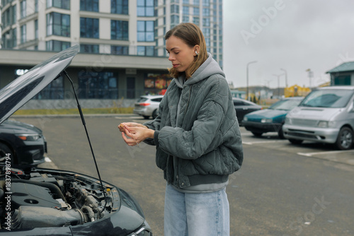 Woman performing maintenance on her car in a parking lot in urban area on a cloudy day
