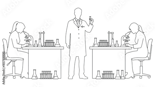 Scientific research lab with scientists and lab equipment line art