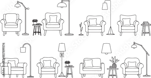 Collection of cozy armchairs with floor lamps and side tables in line art style sofa furniture