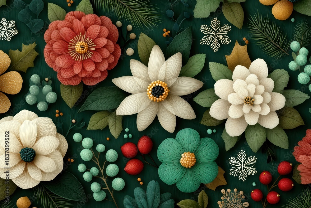 Obraz premium Illustration of Christmas flowers and greenery with snowflakes and berries for festive decor