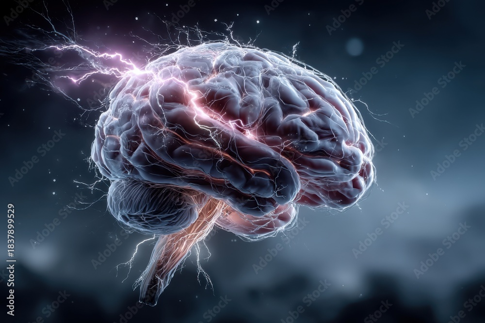 Obraz premium Electric brain: a luminous illustration of neural activity and lightning around the brain