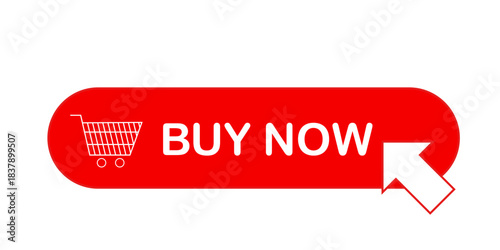 Shopping Cart Buy Now Button. Click Here Button. Buy now red button with hand cursor. Button hand pointer clicking. Click here banner. Online shopping.