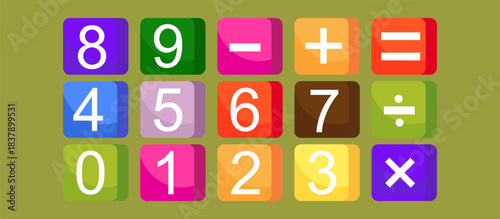 Numbers on cubes and blocks. Math problems made from brightly colored bricks with numbers. Vector illustration on a green background.