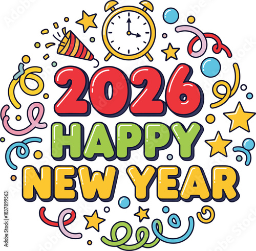 Colorful Happy New Year 2026 cartoon greeting with a clock party popper and festive confetti.