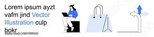 E-commerce, online shopping, lifestyle, decision-making, navigation, consumer behavior. Graphic showing a person on a laptop, shopping bag and directional sign. E-commerce and navigation concept