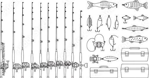 Collection of fishing rods reels lures fish and tackle boxes line art fishing reel fishing lure