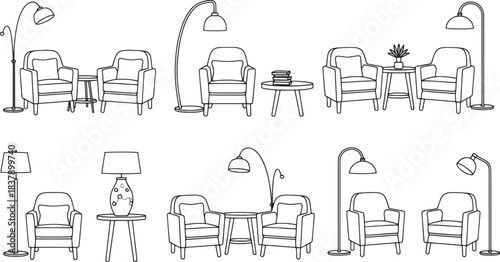 Collection of line art armchairs with floor and table lamps floor lamp
