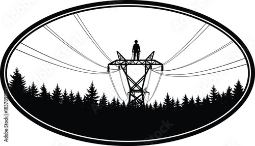Bold silhouette of lineman on high-voltage transmission tower above conifer forest, black and white oval framed vector illustration, energy infrastructure maintenance
