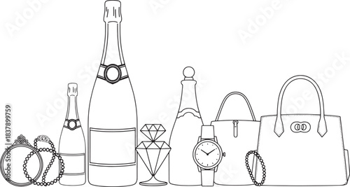 Collection of luxury items including champagne bottles jewelry and handbags fashion