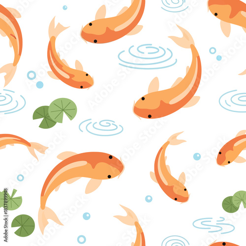 Vibrant Orange Koi Fish and Green Lily Pads Seamless Pattern, Serene Aquatic Ambiance on White Background
