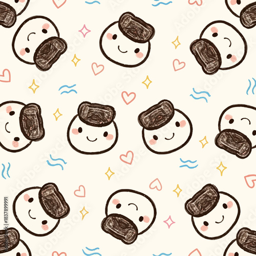 Delightful Seamless Pattern with Adorable Cartoon Mochi Faces and Sweet Doodles