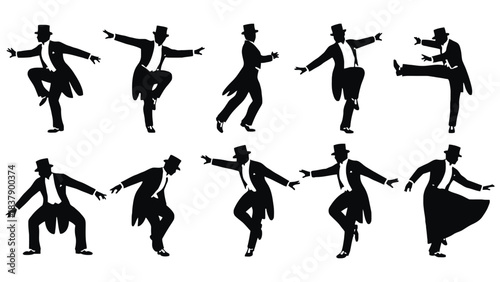Vintage silhouette dancing men in top hats and tailcoats vector