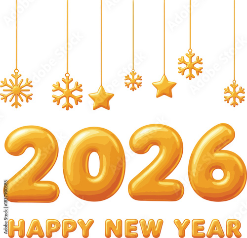 Golden 3D Balloon Numbers 2026 with Hanging Snowflake and Star Ornaments for a Happy New Year.